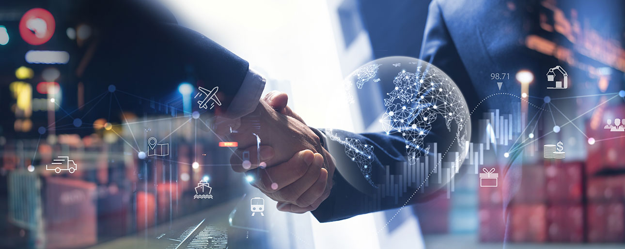 A stock image of a handshake with illustration of global trade.